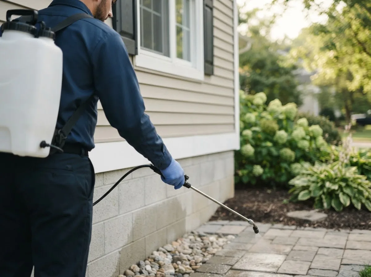 Pest control technician inspecting a home in Speer, IL